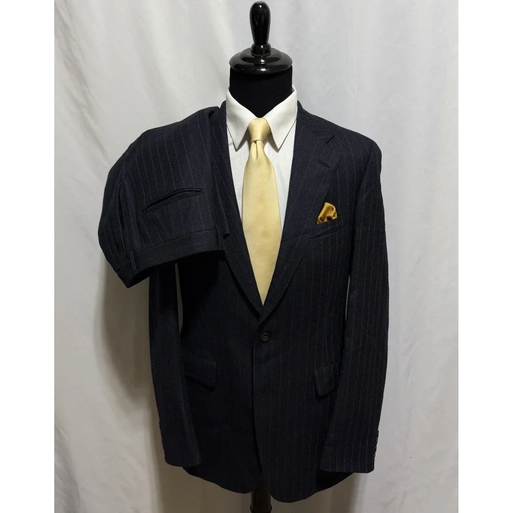 Vtg Chaps Ralph Lauren Tweed Suit Mens 42L 34x35 100% Wool Navy Stripe Union USA